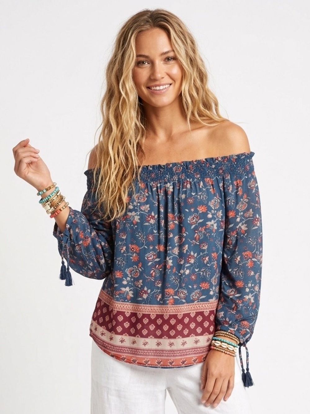 BeachLunchLounge Blue Floral On or Off-Shoulder Peasant Top